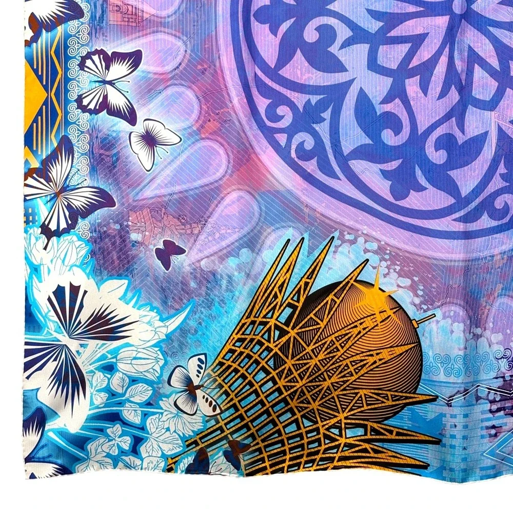 NWOT Empire of Kazakhstan Silk Scarf 35 X 35 Blue Geometric Luxury Gift Italy